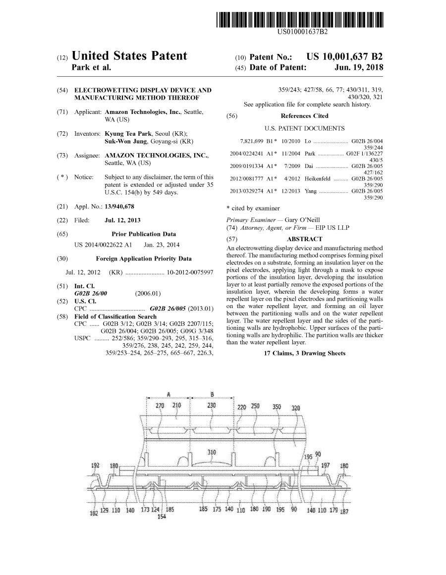 First page of U.S. Patent 10,001,637 showing Gary O’Neill as Primary Examiner